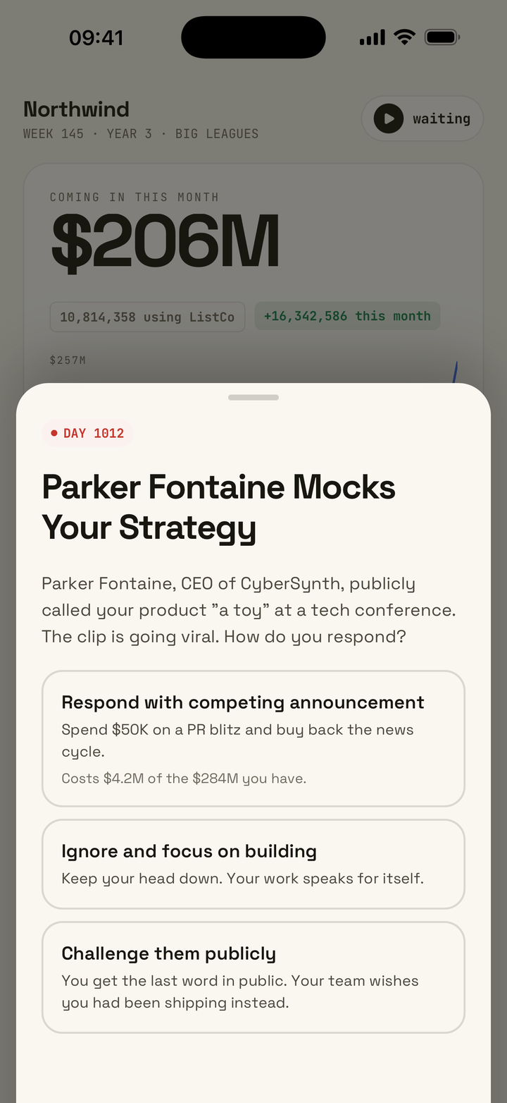 A decision card: a rival CEO mocks your product, with three ways to respond
