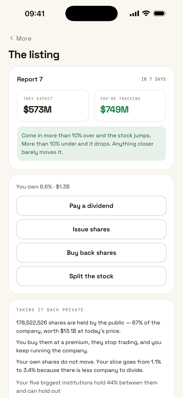 The public listing: earnings expectations, dividends, buybacks, and the float